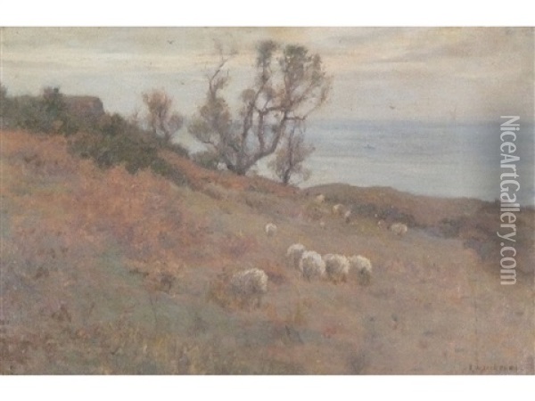 Sea View, Possibly Runswick Bay, With Cottage And Trees, Sheep In The Foreground Oil Painting - Frederick William Jackson