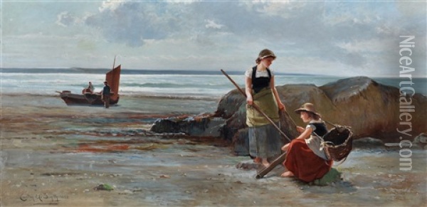 Shrimp Gatherers On A Beach Oil Painting - Carlton Alfred Smith