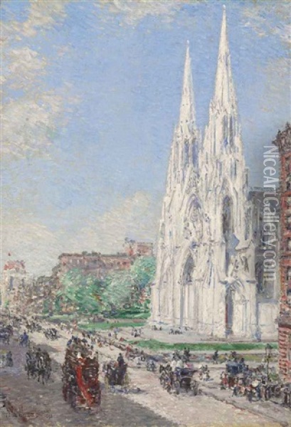 The Cathedral And Fifth Avenue In June Oil Painting - Childe Hassam