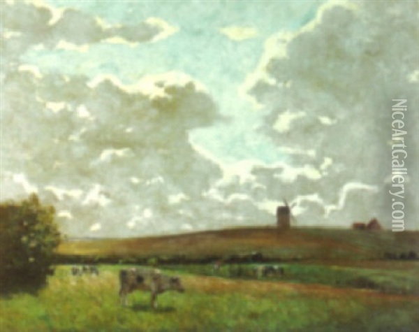An Landscape With A Windmill And Cattle Grazing Oil Painting - Peter Paul Mueller