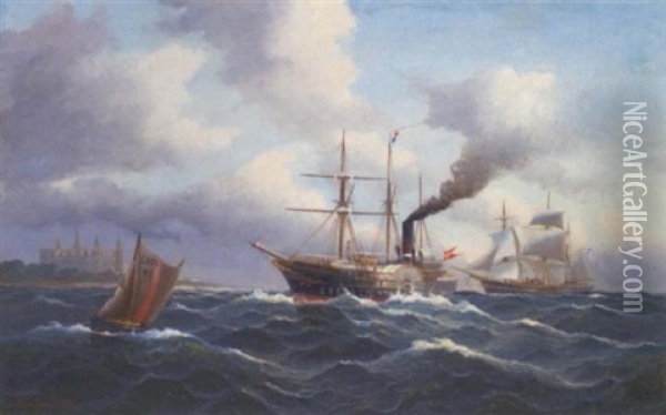 A Danish Paddle Yacht, Probably An Admiralty Or Similar Official Vessel, Passing Through The Sound Off Kronborg Castle Oil Painting - Alfred Jansen