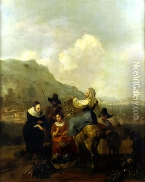 Girl On A Donkey Holding A Bird Cage With Vegetable Sellers And A Lady Choosing Some Grapes With Town And Mountain To Background Oil Painting - Hendrick Mommers