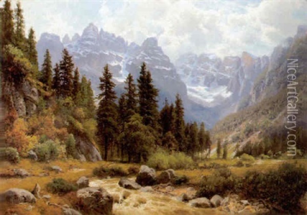 Der Monte Cristallo In Den Dolomiten Oil Painting - Josef Schoyerer