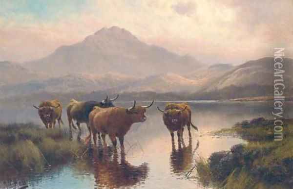 Highland cattle, Loch Ness Oil Painting - Henry R. Hall