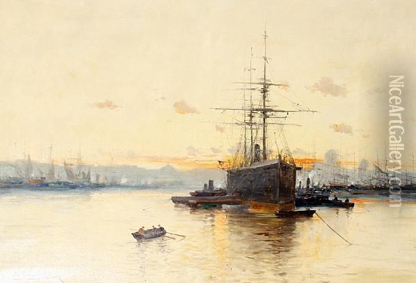 Ship In Port Oil Painting - Eugene Galien-Laloue