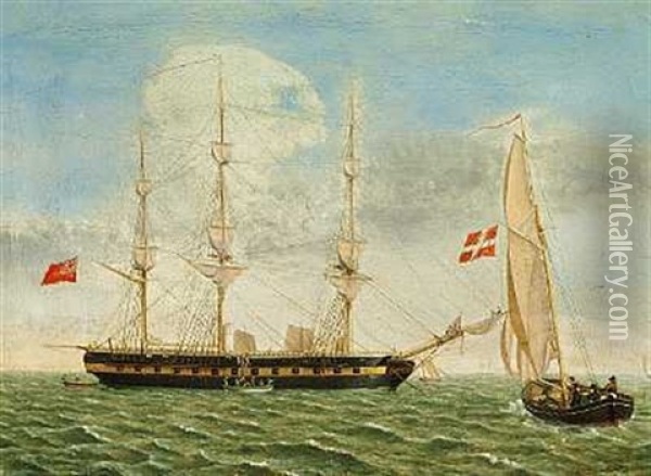 Marine Med Orlogsfartoj Med Engelsk Flag Oil Painting - Hans Peter Thorsoe