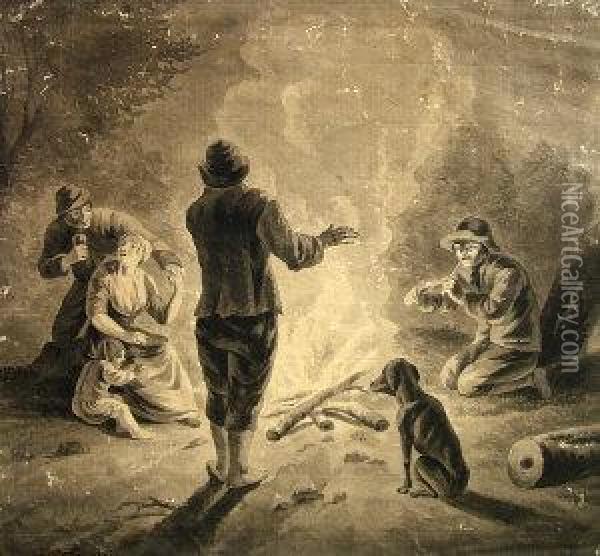 Figures Gathered Around A Fire Oil Painting - David The Younger Teniers