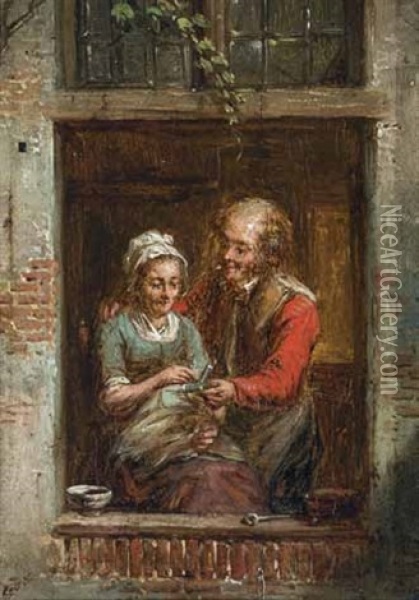 Genrebild Mit Einem Paar In Einem Fensterausschnitt Oil Painting - Frans Goubau