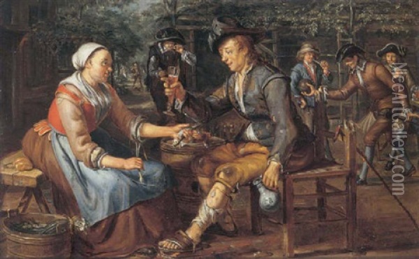 Figures Outside A Tavern, With A Lady Offering An Onion And Herring To A Young Man, Others Playing Skittles Beyond Oil Painting - Matthys Naiveu