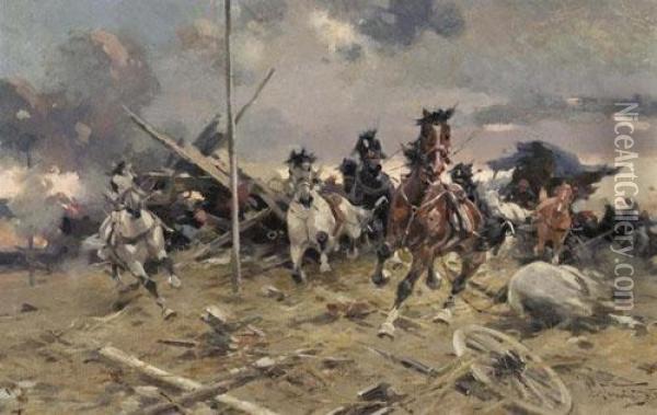 Battle On Horseback 1917. Oil Painting - Alfredo Tominz