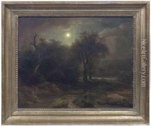 Nightly Landscapeat Moonlight Oil Painting - August Weber