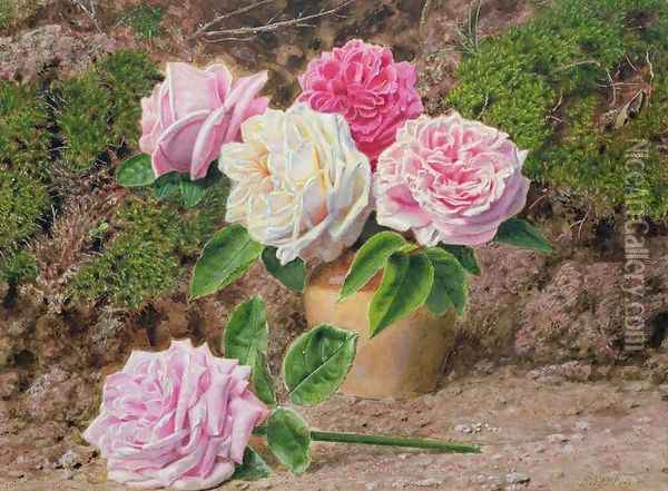 Roses in an Earthenware Vase by a Mossy Bank Oil Painting - John Sherrin