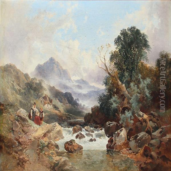 River Scene With Two Shepherds Oil Painting - Joseph Horlor