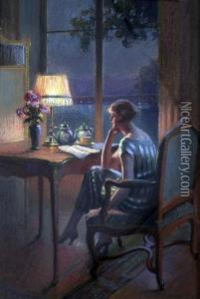 Reading By Lamplight Oil Painting - Delphin Enjolras