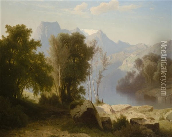 Alpine Landscape With Lake Oil Painting - Adolf Chwala