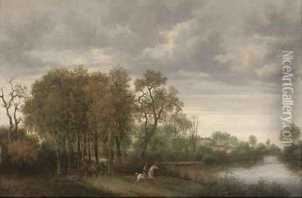 A wooded river landscape with a horseman and a horse and cart on a path Oil Painting - Joris van der Haagen or Hagen