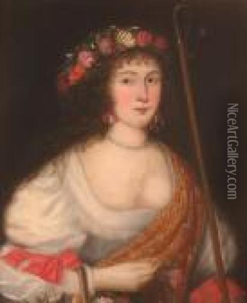 Portrait, Half Length, Of A Lady Wearing Flowers In Her Hair Oil Painting - Paulus Moreelse