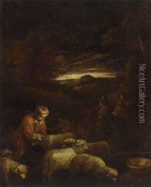 A Wooded Landscape With A Shepherd And His Flock Oil Painting - Francesco da Ponte Bassano