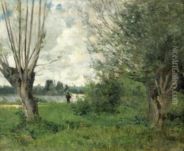 Flussufer Mit Weidengruppe Und Angler. Oil Painting - Gustave Karcher