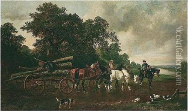 Timber Wagon Crossing The Ford Oil Painting - John Frederick Herring Snr