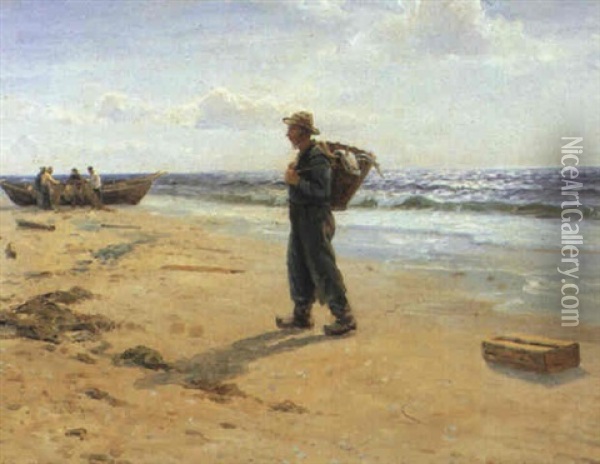 Strandparti Med Fisker Med Kurv Pa Ryggen Oil Painting - Holger Luebbers