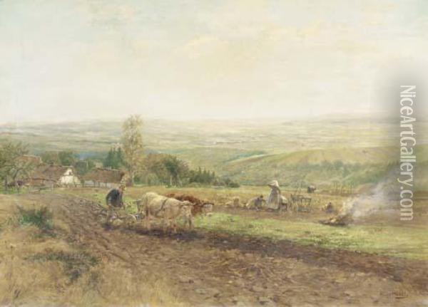 Working The Land: A Panoramic Landscape Oil Painting - Hugo Muhlig