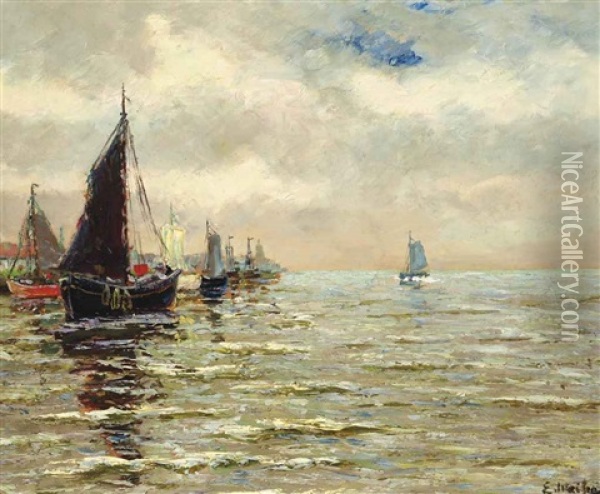 Approaching The Port Oil Painting - Eliseo Meifren y Roig