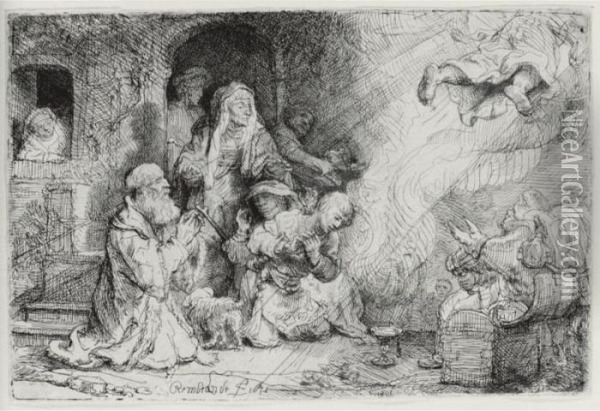 The Angel Departing From The Family Of Tobias (b., Holl. 43; H. 185; Bb. 41-g) Oil Painting - Rembrandt Van Rijn
