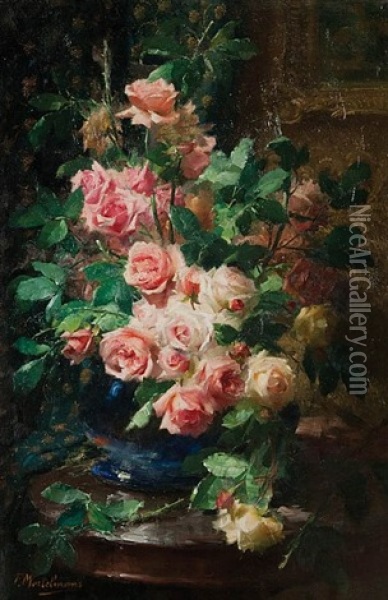 Still Life With Roses On A Table Oil Painting - Frans Mortelmans