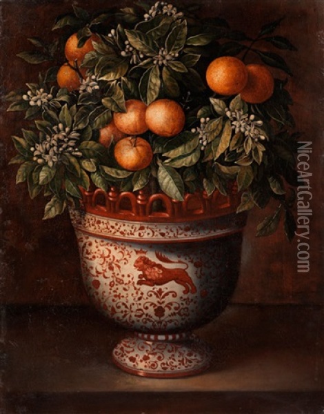 Stilleben Mit Orangenbaumchen In Einer Bemalten, Spanischen Keramikvase Oil Painting - Tomas Yepes