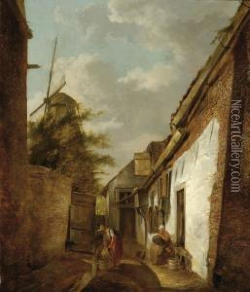 A View Of A Small Street Oil Painting - Hermanus Van Brussel