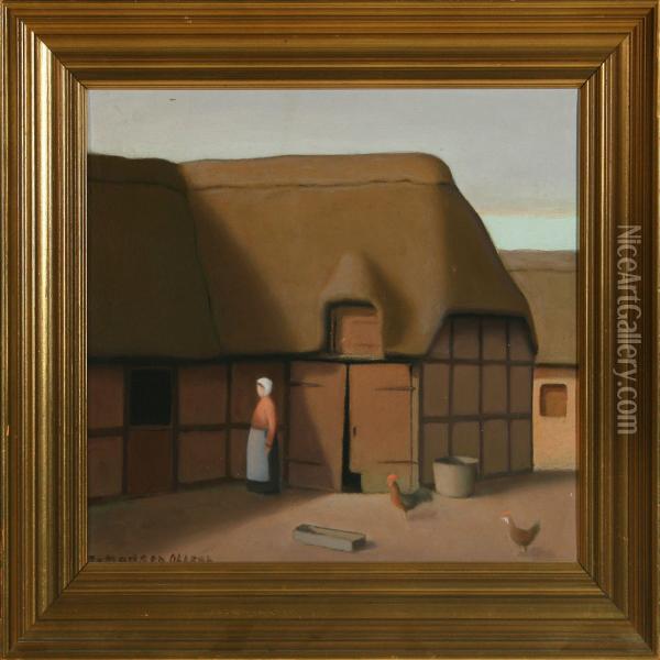 Girl And Two Roosters In A Courtyard Oil Painting - Jeppe Madsen-Ohlsen