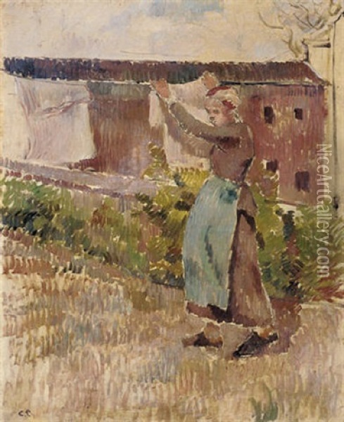 Femme Etendant Du Linge Oil Painting - Camille Pissarro