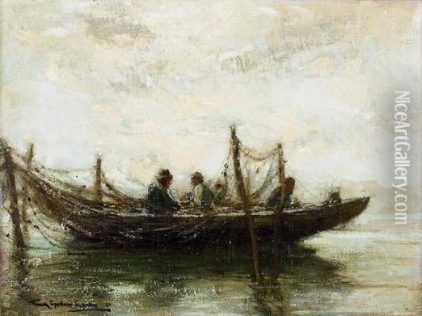 Fischer In Einem Ruderkahn. Oil Painting - Frank Spenlove Spenlove