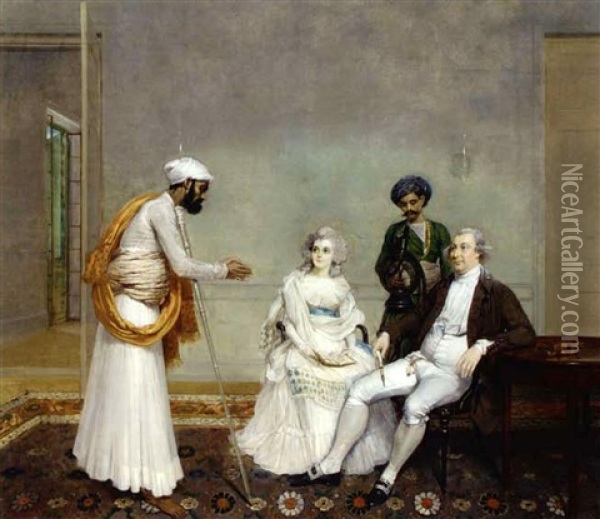 Portrait Of Judge Suetonius Grant Heatly And Temperance Heatly With Their Indian Servants, In An Interior In Calcutta Oil Painting - Arthur William Devis