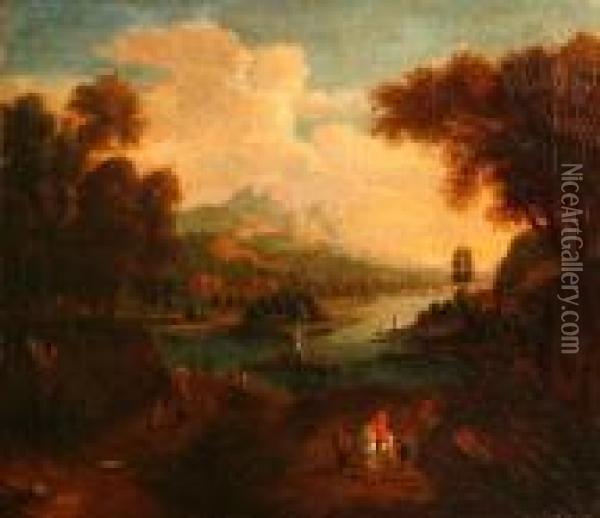 An Extensive River Landscape With Figures In The Foreground Oil Painting - Willem Van Bemmel