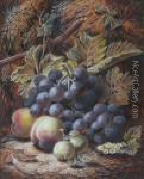 Black Grapes, Peaches, Greengages And Whitecurrants Against A Mossy Bank Oil Painting - Oliver Clare