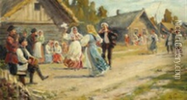 Russian Country Scene With Peasants Dancing Oil Painting - Michail Vasilievitch Boskin