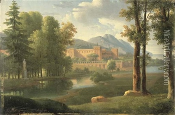 An Italianate Landscape With A Walled Palace Oil Painting - Alexandre Hyacinthe Dunouy