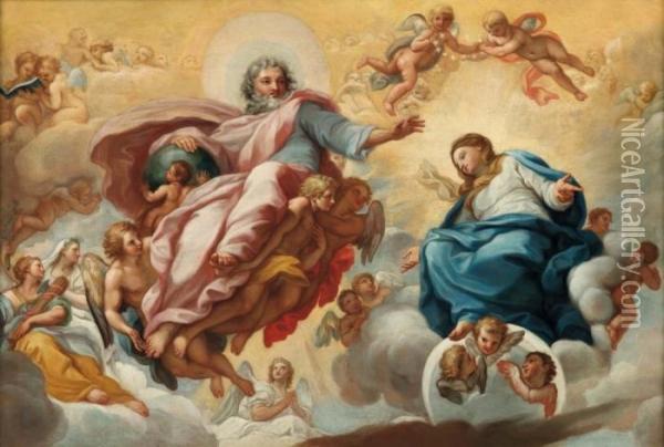 La Vergine Incoronata E Dio Padre Con La Giustizia E La Pace Olio Su Tela Oil Painting - Bartolomeo Giuseppe Chiari