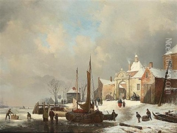 Winter Landscape With Figures And Boats On A Frozen Estuary Oil Painting - Hendrik van de Sande Bakhuyzen
