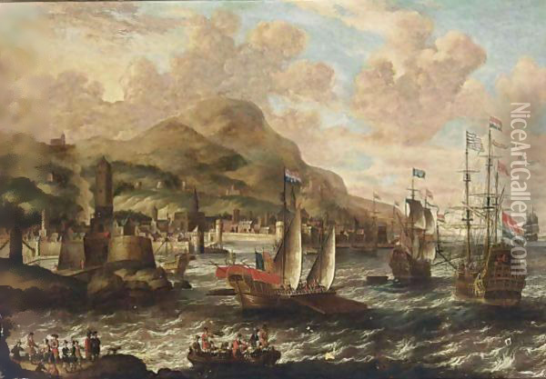 A View Of A Harbour With A Galley And Men-'O-War, A Rowing Boat And Figures On A Beach In The Foreground Oil Painting - Peter van den Velde