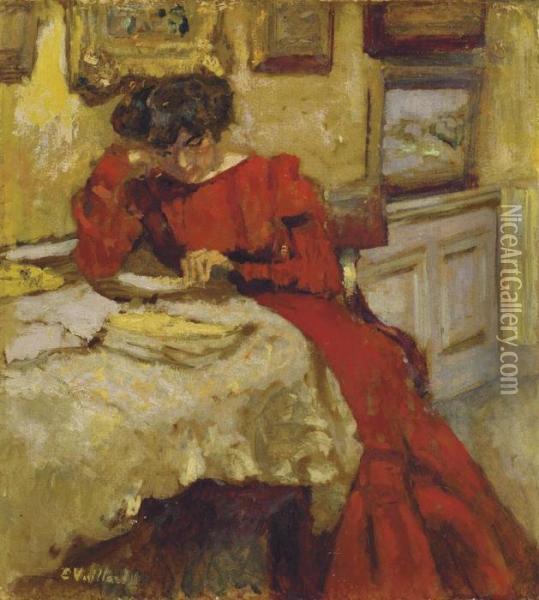 Madame Hessel En Robe Rouge Lisant Oil Painting - Jean-Edouard Vuillard