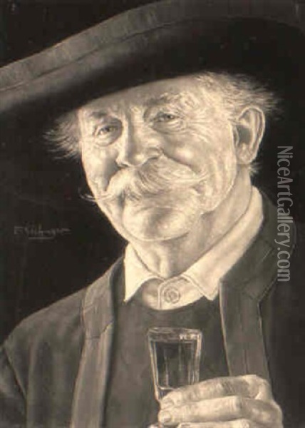 Portrait Of An Elderly Austrian Gentleman With A Glass Of Liquor Oil Painting - Erwin Eichinger