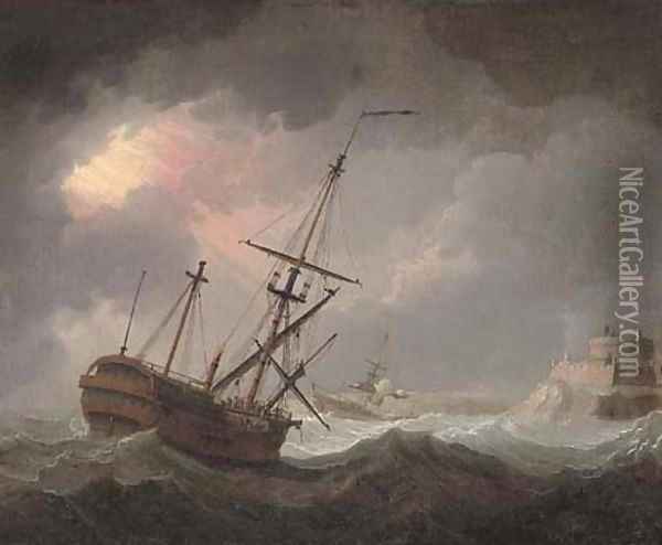 A dismasted warship running into perilous waters Oil Painting - English School