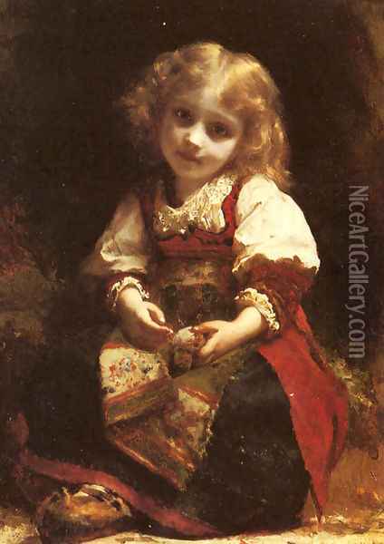 A Little Girl Holding A Bird Oil Painting - Etienne Adolphe Piot