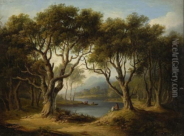 Wooded River Landscape With Figures In Rowing Boat Oil Painting - Walter Williams