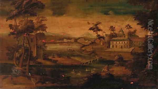 Figures in a chinoiserie landscape Oil Painting - English School
