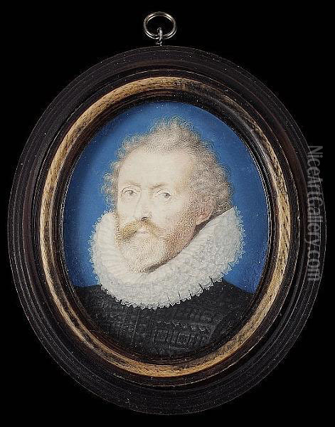 A Gentleman, With Fair Hair And 
Beard, Wearing Black Slashed Doublet And White Ruff, Blue Background 
With Gold Border Oil Painting - Isaac Oliver