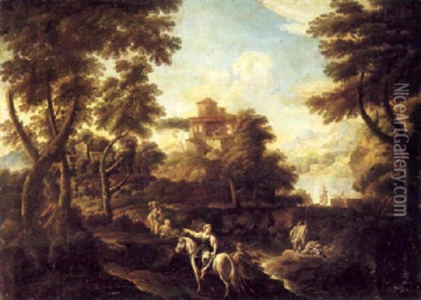 Italianate Landscape With Figures And A Horsewoman By A     Stream Oil Painting - Vittorio Amadeo Cignaroli